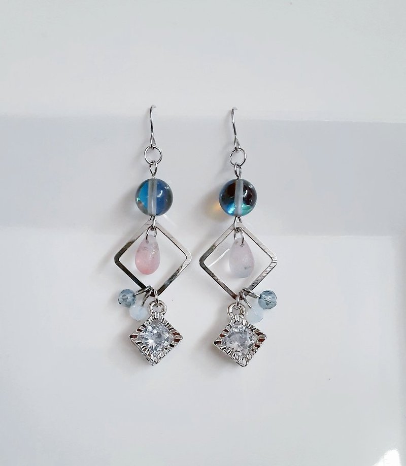Luna Flash and Square Fantasy Blue Earrings with Shining Zirconia-like Charms, Glass Beads, Birthday Gift, Stylish, Summer Colors, Can Be Changed to Hypoallergenic Earrings or Clip-On - ต่างหู - แก้ว สีน้ำเงิน