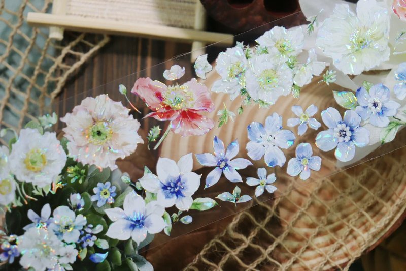 花團錦簇 けし 小花卉 PET 紙膠帶 貝殼光 10米卷 - 紙膠帶/和紙/PET - 其他材質 多色