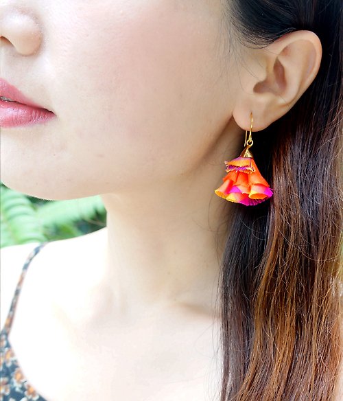 laorr Thai silk Earrings (Size : L) BB collection Orange-Pink-Yellow-Gold