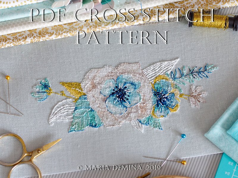 Watercolor Mint&Gold Bouquet I PDF cross stitch pattern - DIY Tutorials ＆ Reference Materials - Other Materials 
