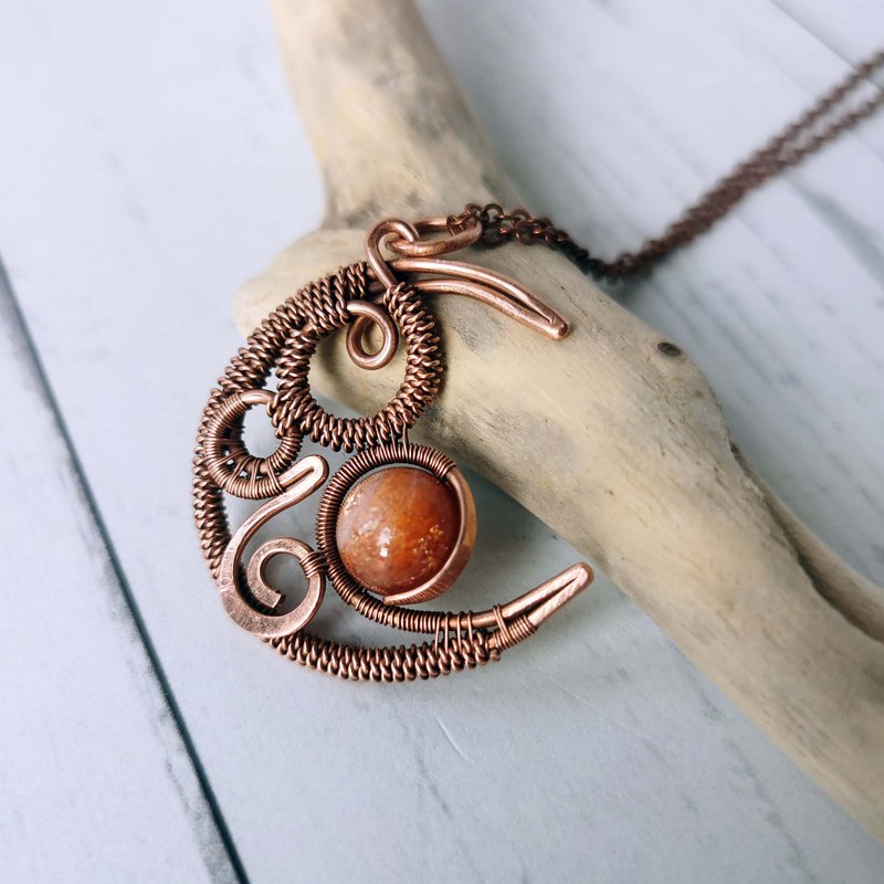 Wire Wrapped Crescent Moon Necklace With Sunstone Bead Sunstone