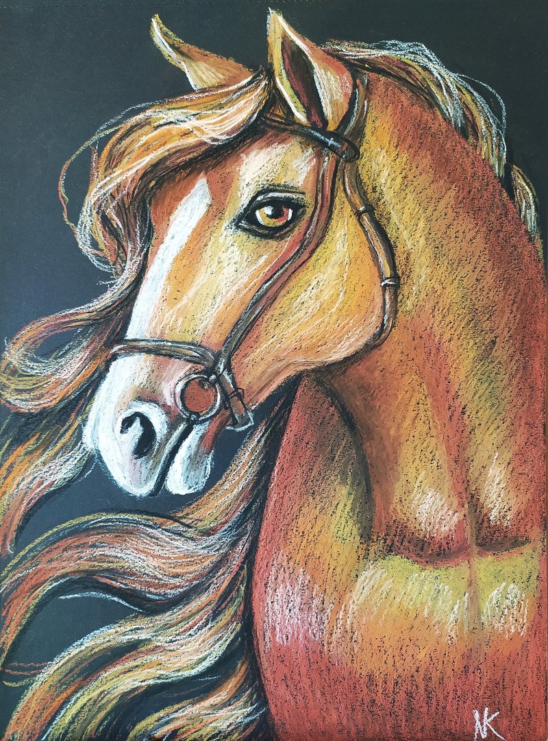 PORTRAIT OF A HORSE PAINTING OIL PASTEL PET PORTRAIT ANIMAL ORIGINAL  ART - 壁貼/牆壁裝飾 - 紙 咖啡色
