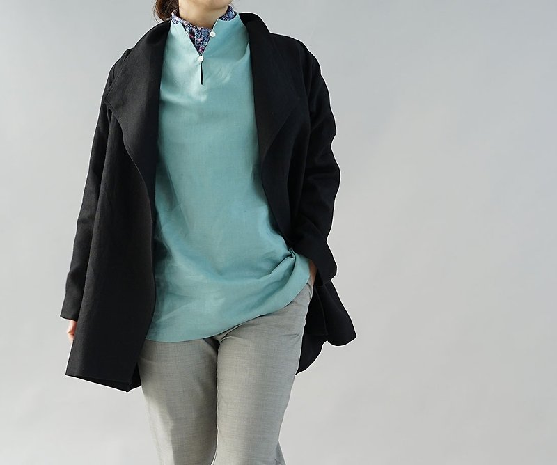 wafu  Linen coat / jacket / wing collar / long sleeve / black h039a-bck3 - Women's Casual & Functional Jackets - Cotton & Hemp Black