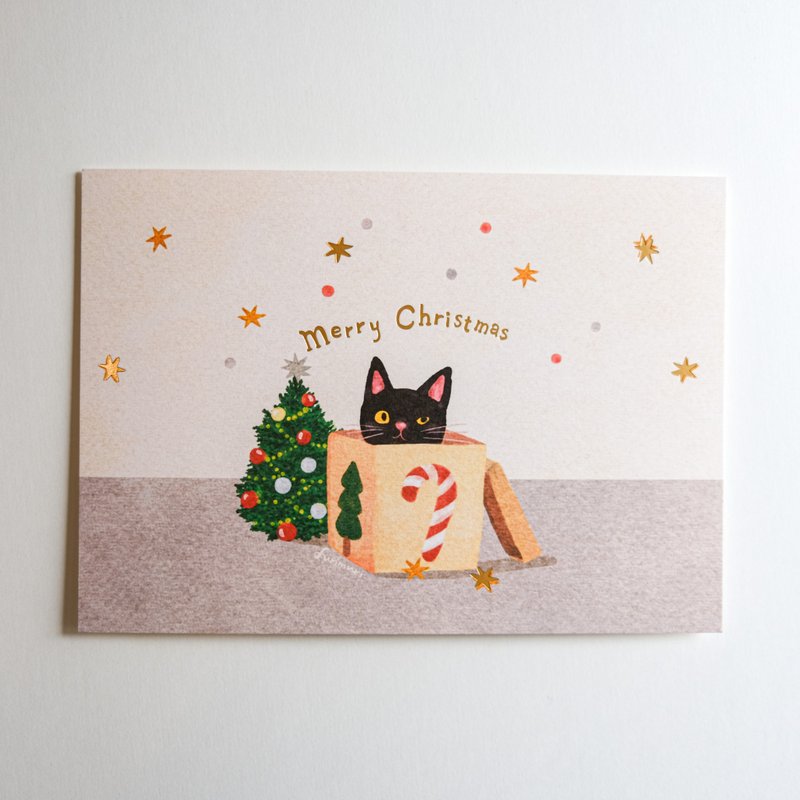 燙金明信片 merry christmas 聖誕禮物和的小黑貓 聖誕卡 - 卡片/明信片 - 紙 