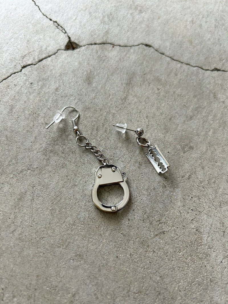 Handcuffs & Razor Earrings/ Silver/Hook Earrings/Stud Earrings/Hellcatpunks/HCP-AC-0343 - Earrings & Clip-ons - Copper & Brass Silver