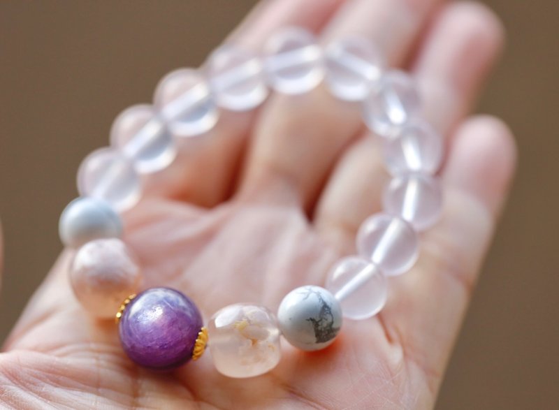 Recommended Valentine’s Day gifts: Peach Blossom Rose Quartz Bracelet||Purple Moon||Heart Chakra Energy Lepidolite/White Turquoise - Bracelets - Crystal Purple