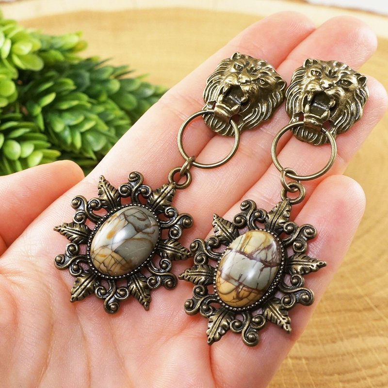 Lion Head Olive Beige Gray Picasso Jasper Leo Large Long Bronze Earrings Jewelry - 耳環/耳夾/耳骨夾 - 半寶石 卡其色