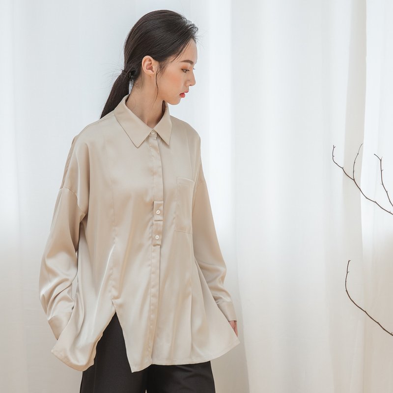 //SUMI x WEARMACAU// Flawless_無瑕剪接襯衫_20AF052_茶白 - 女襯衫 - 棉．麻 白色