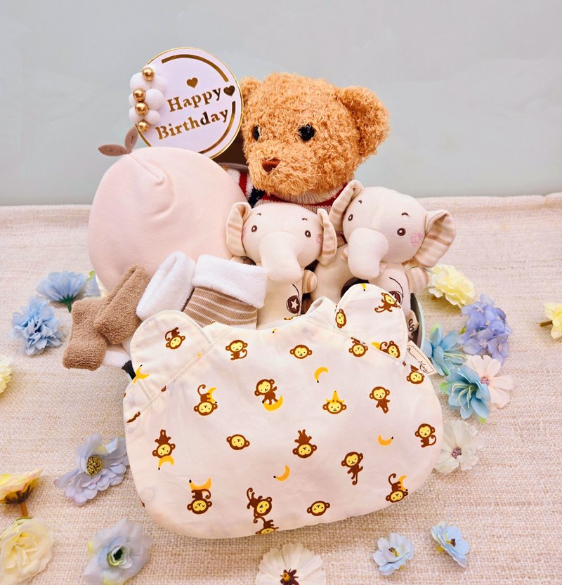 Happy monkey cradle full moon gift/full moon gift box/birthday/newborn/gift/saliva towel - ผ้ากันเปื้อน - ผ้าฝ้าย/ผ้าลินิน สีกากี