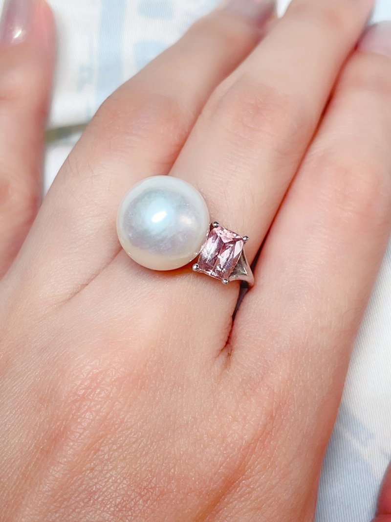 Pure 9k white gold natural pink tourmaline freshwater pearl ring - General Rings - Precious Metals Pink