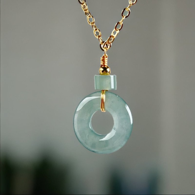 [Wish for peace] Ice Blue Water Jadeite Peace Buckle Necklace 14K gold-filled | Natural Jadeite A | Gift - สร้อยคอ - หยก สีน้ำเงิน