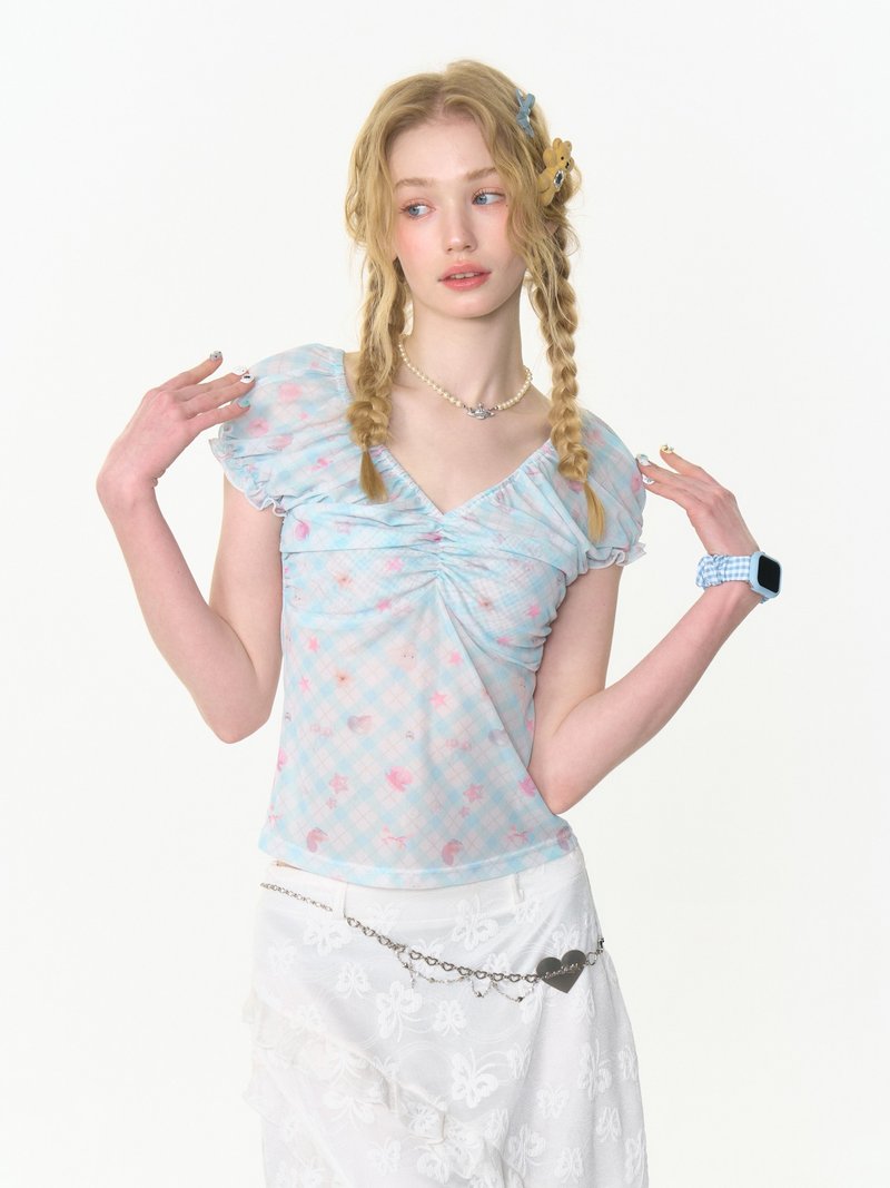 ziziFei夏季新款美式復古設計感藍色格子修身上衣大V領短袖t恤女 - 女 T 恤 - 其他材質 藍色