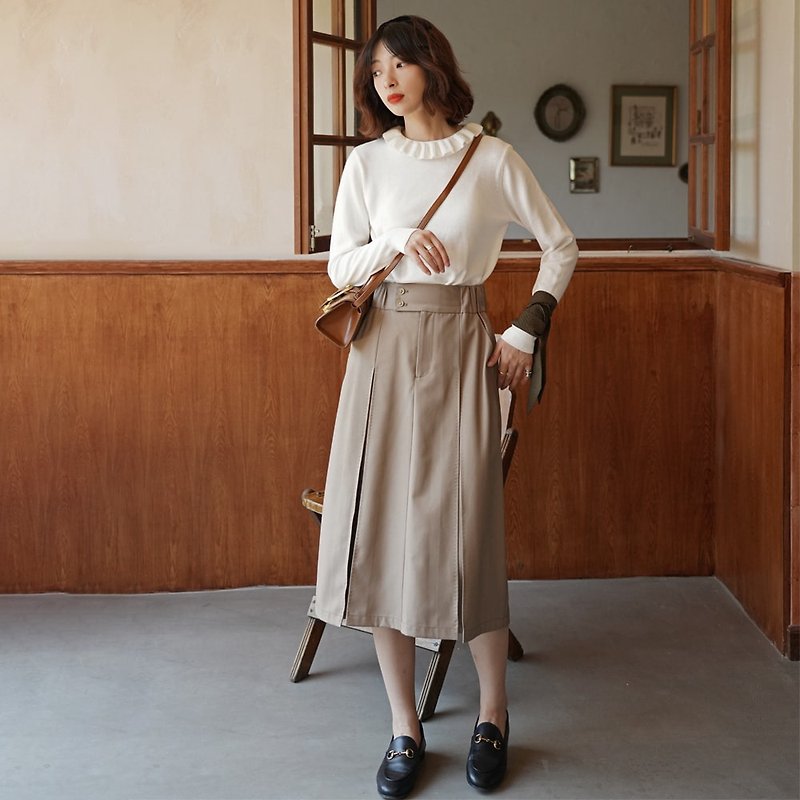 Arch Needle Pleated High Waist Elastic Skirt|Skirt|Summer and Autumn|Viscose+Polyester|Sora-565 - กระโปรง - ไฟเบอร์อื่นๆ สีกากี