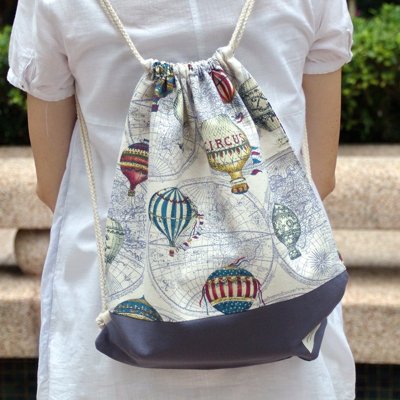 Drawstring Backpack/Drawling Bag/Drawling Pocket~ Hot Air Balloon (B31) - Drawstring Bags - Cotton & Hemp Multicolor