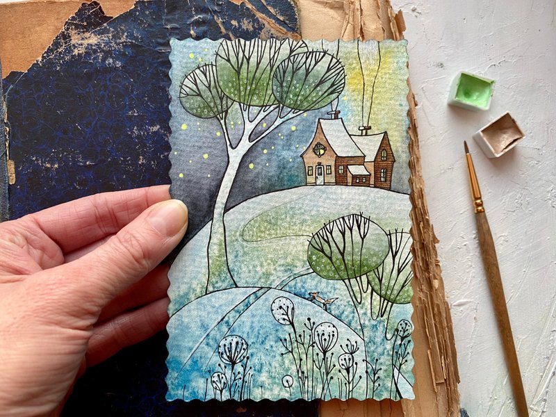 House painting Landscape Original art Miniature artwork Mini art by Rubinova - 海報/掛畫/掛布 - 紙 多色