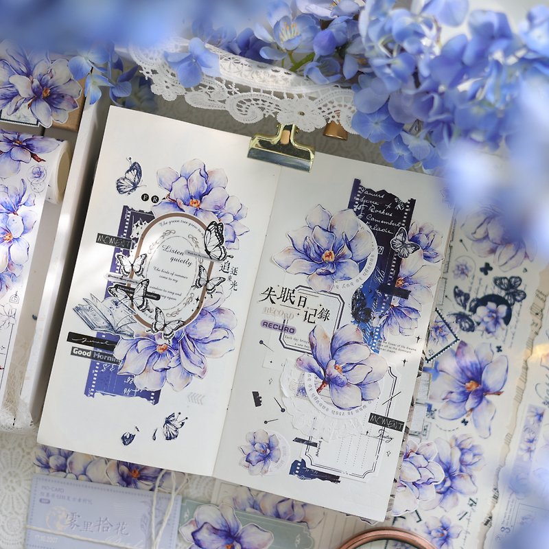ウッドブルーライトヴィンテージブルー大花柄PET和紙テープ - マスキングテープ - 紙 ブルー