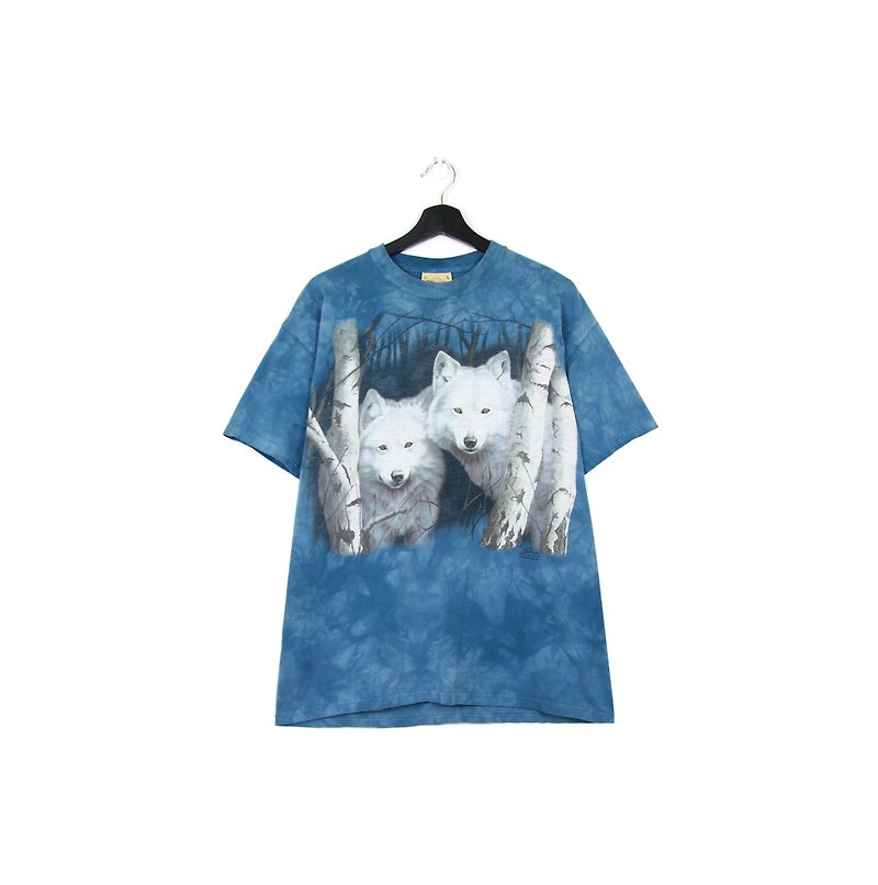 Back to Green: Hand-dyed silver and white wolves can wear vintage t-shirt - เสื้อยืดผู้ชาย - ผ้าฝ้าย/ผ้าลินิน 