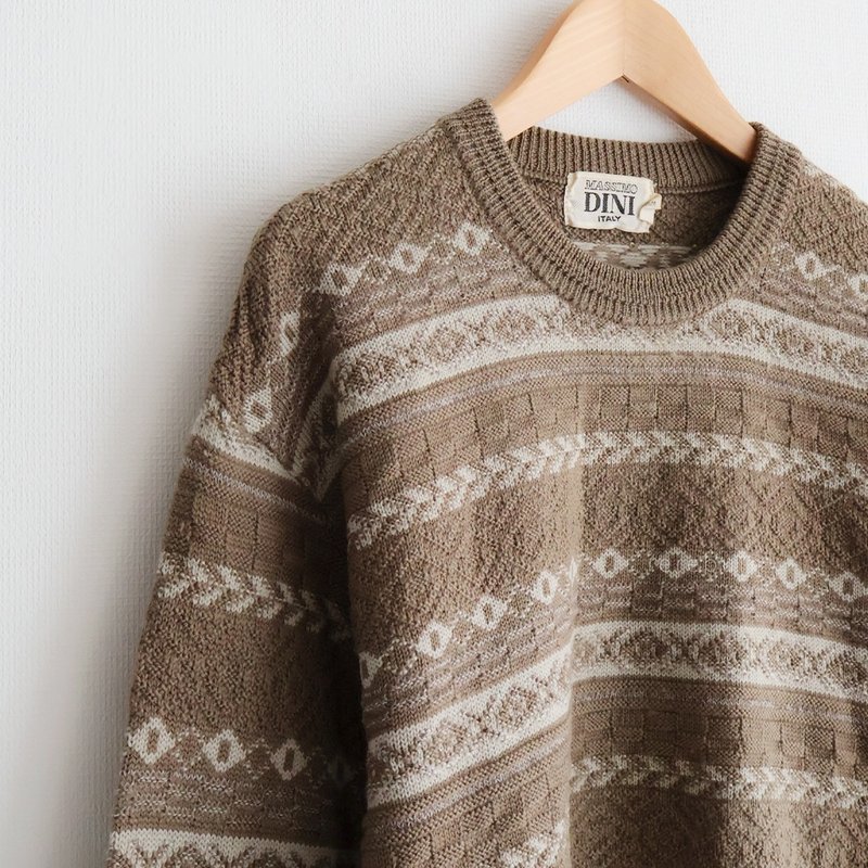 冬復古中性日本製幾何針織深卡其薄款羊毛古著毛衣 - 女毛衣/針織衫 - 羊毛 咖啡色