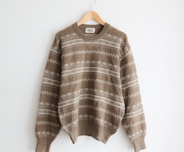 Winter retro unisex Japanese-made geometric knitted dark khaki