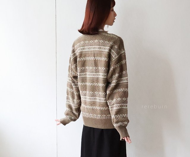 Winter retro unisex Japanese-made geometric knitted dark khaki