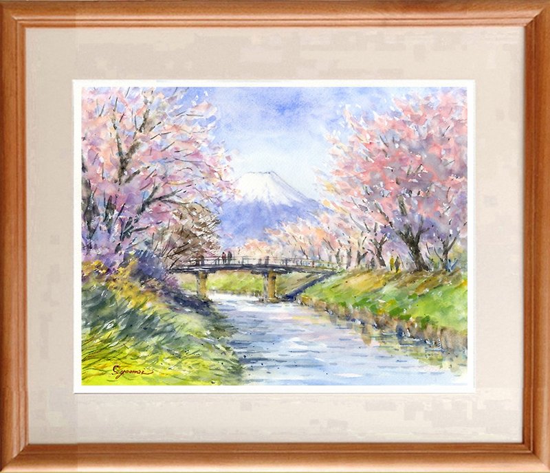 受注制作します　水彩画原画　富士山と桜・忍野村 - ポスター・絵 - 紙 ピンク