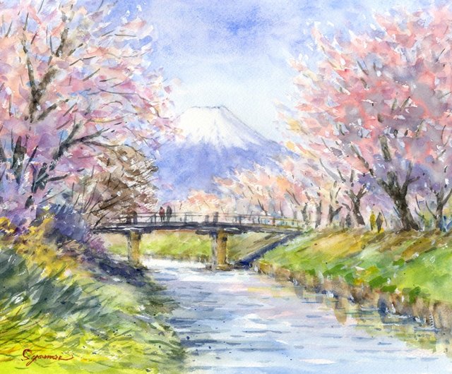 受注制作します水彩画原画富士山と桜・忍野村- 設計館syoumei 掛牆畫