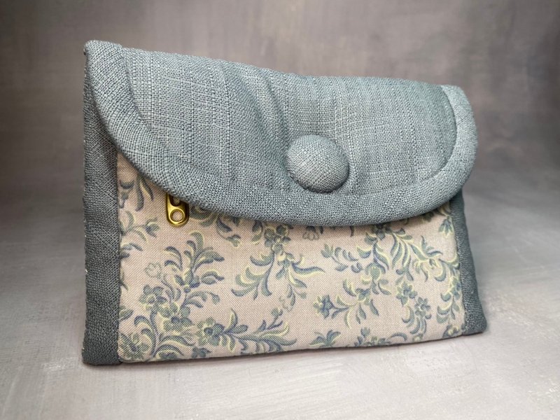 Multifunctional handmade short clip made of cloth - gray and blue pattern - Coin Purses - Cotton & Hemp Gray