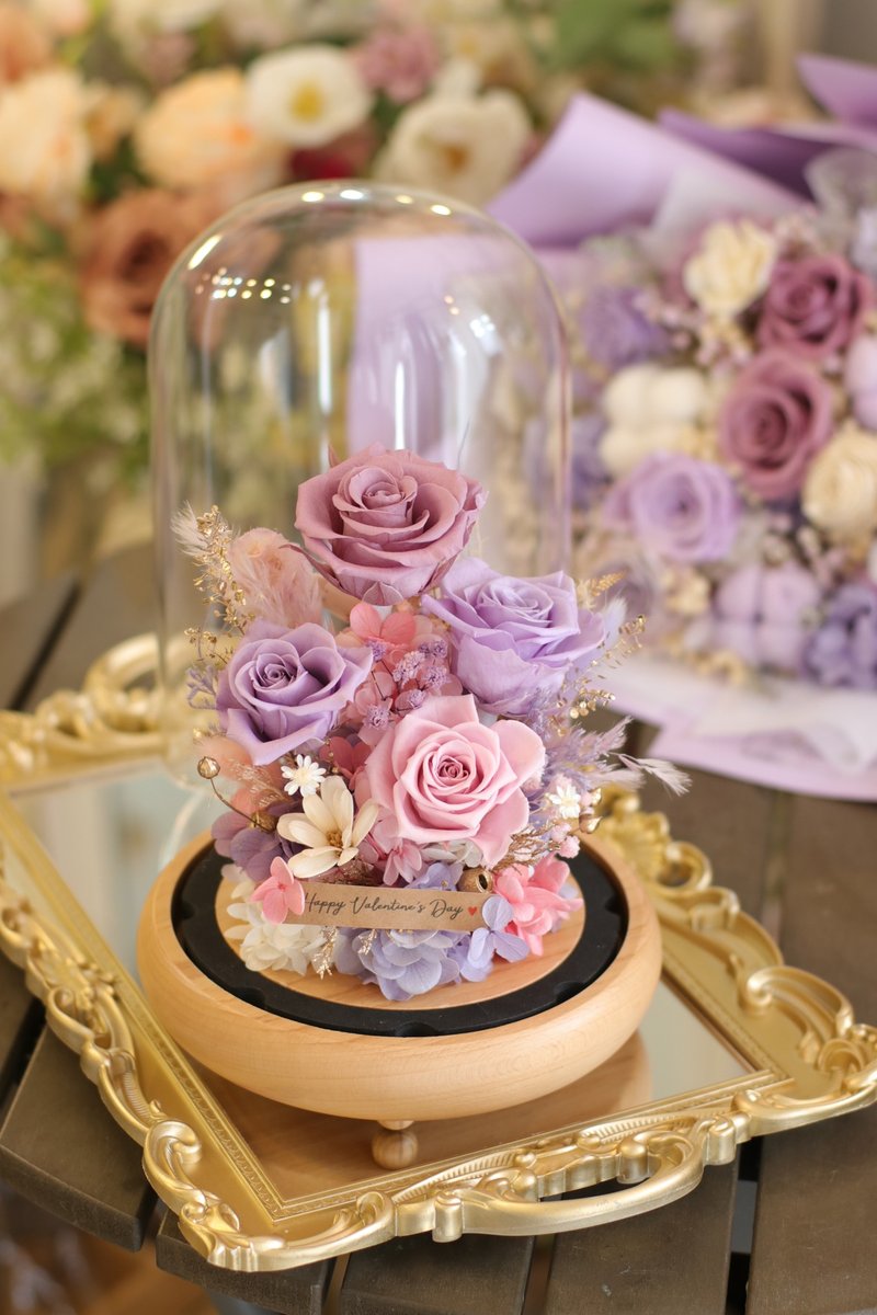 Anniversary/Valentine's Day/Birthday/Girlfriend Gift-Purple Rose Glass Vase Flower Ornament/Permanent Flower - ช่อดอกไม้แห้ง - แก้ว สีน้ำเงิน