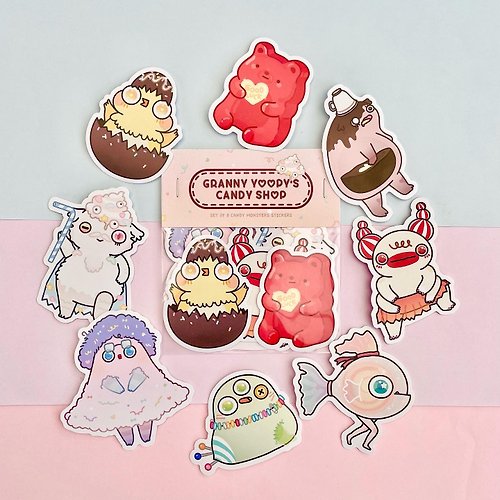 MeMiann Studio Granny Yoopys Candy Shop | Set of 8 waterproof monster stickers