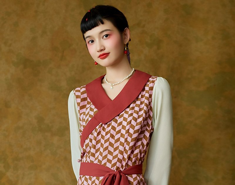 Fanghua 新しい中国風のレトロなチベットウエストチェック柄ドレス - ワンピース - シルク・絹 レッド