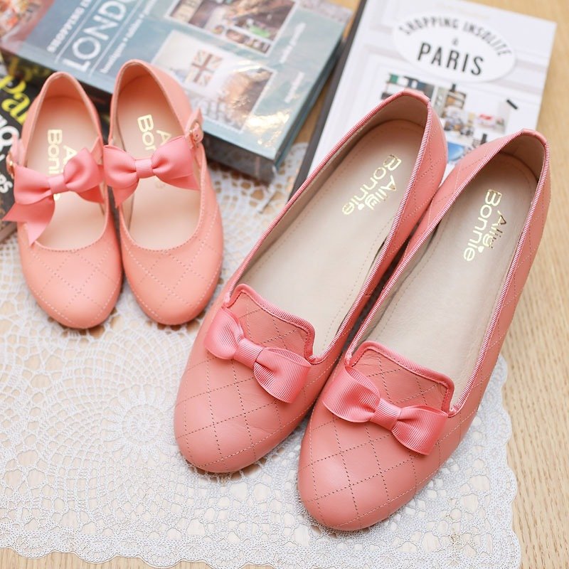 AliyBonnie親子鞋 小香風菱格紋樂福鞋(媽咪款)-甜桔粉 - 女款休閒鞋 - 真皮 粉紅色