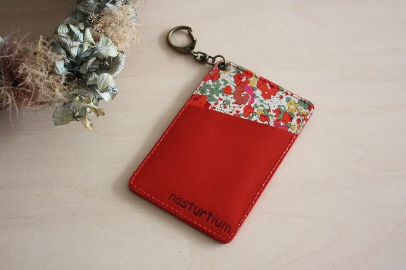 Genuine cow leather and Liberty print pass case Red - ที่ใส่บัตรคล้องคอ - หนังแท้ สีแดง