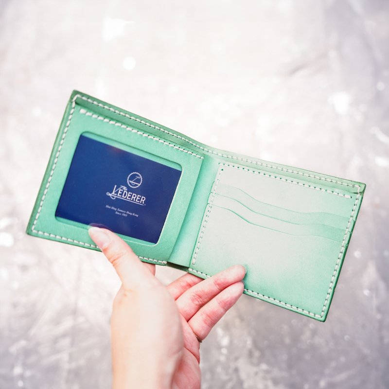 3-Card Photo Coins Short Wallet。Leather Stitching Pack。BSP086 - เครื่องหนัง - หนังแท้ สีเขียว