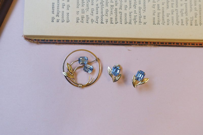 美國古董品牌Van dell 12k包金海藍寶石耳環胸針組 - 耳環/耳夾 - 半寶石 藍色