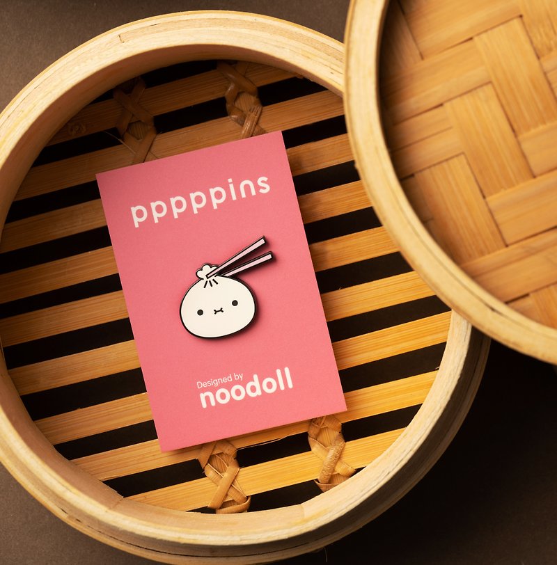pppppins x Noodoll  Chopstick Bao Enamel Pin - Brooches - Other Metals White