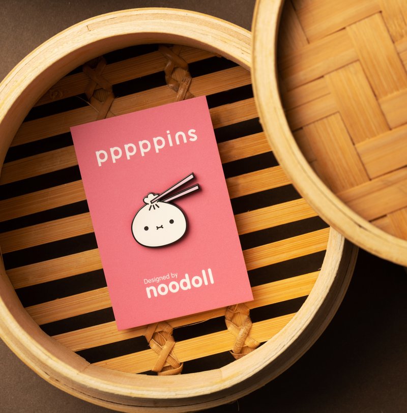 pppppins x Noodoll  Chopstick Bao Enamel Pin - Brooches - Other Metals White