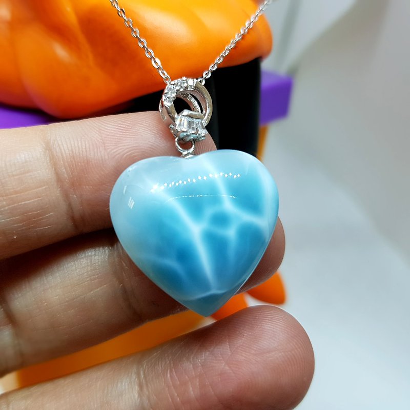 Crystal Girl Crystal - Heart Lake - Larimar sea stone necklace pendant hand works with 925 sterling silver chain - Necklaces - Gemstone Blue