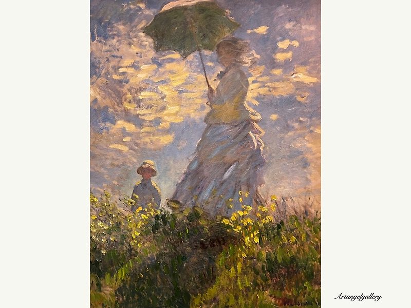 Angel Gallery/Handmade Oil Painting/Impressionist Master Monet's - Woman Holding an Umbrella - Customized Portraits - Cotton & Hemp Blue