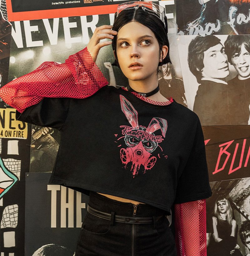 Punk biochemical rabbit fake two-piece mesh cotton top - เสื้อผู้หญิง - วัสดุอื่นๆ สีแดง