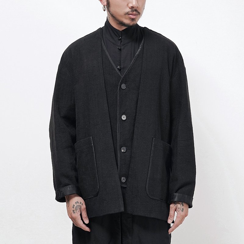 Retro Chinese style Hanfu style loose silhouette double placket casual distressed linen jacket - Men's Coats & Jackets - Cotton & Hemp Black