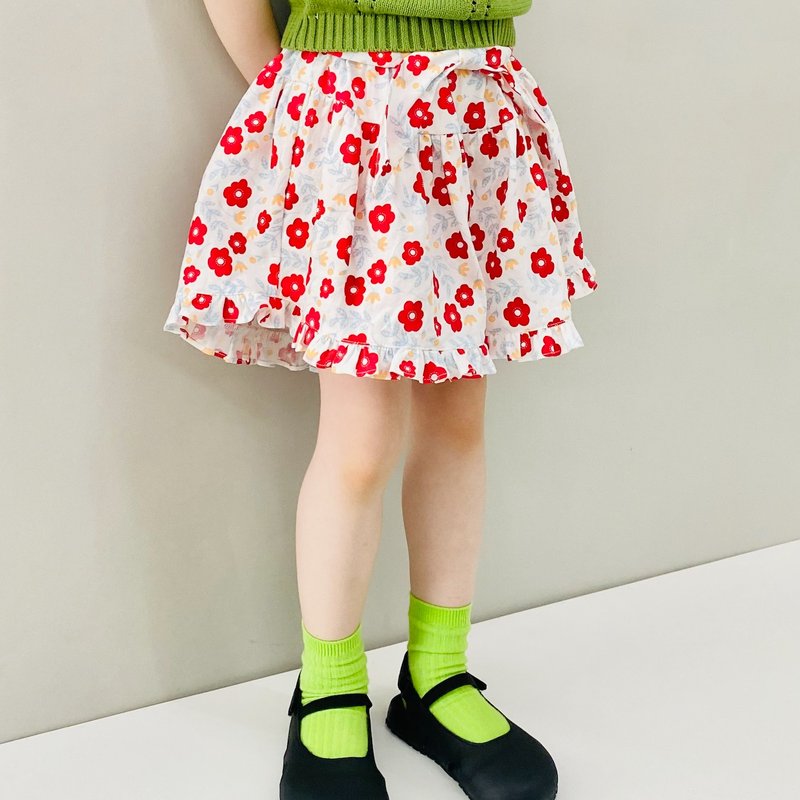 Red Small Floral Shorts Skirts / Pants Skirts Skirts Shorts Children's Clothing - กางเกง - ผ้าฝ้าย/ผ้าลินิน สีแดง