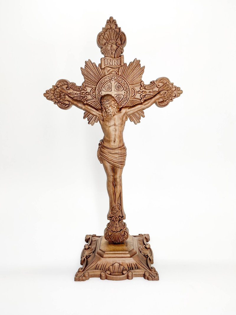 Crucifix Wooden cross, Carved wooden cross, Crucifix catholic cross Wood - 木工/竹藝/紙雕 - 木頭 咖啡色