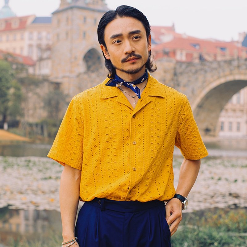 SOARIN美式復古緹花鏤空休閒襯衫(2526C366) - 男襯衫/休閒襯衫 - 棉．麻 黃色