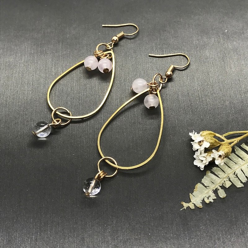 Large version of long pendant pure brass natural stone earrings - Earrings & Clip-ons - Gemstone Pink