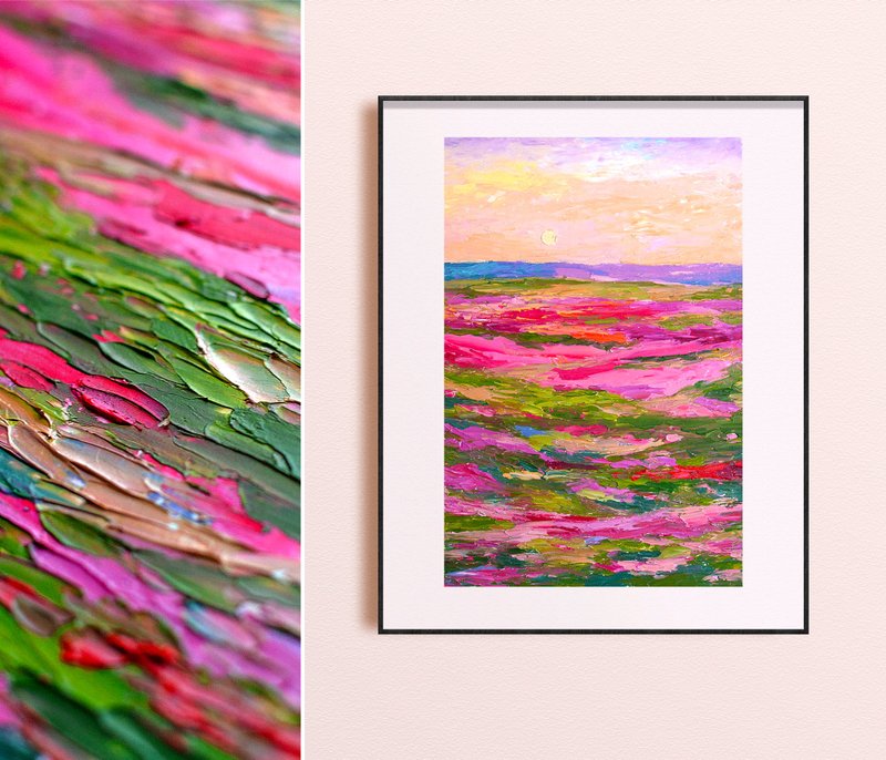 Pink Blooming Meadow Original Oil Painting Landscape painting 30x20cm Sunset Art - Illustration, Painting & Calligraphy - Other Materials Pink