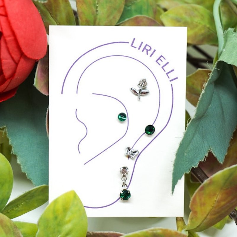 Deep Green Natural Garden Rose Pierced Earrings Set - ต่างหู - วัสดุอื่นๆ 