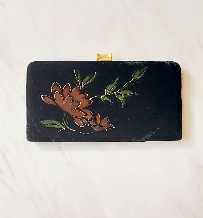 早期歐式 描金花卉 深藍絨布 古董口金包 手拿包 - 手拿包 - 其他材質 