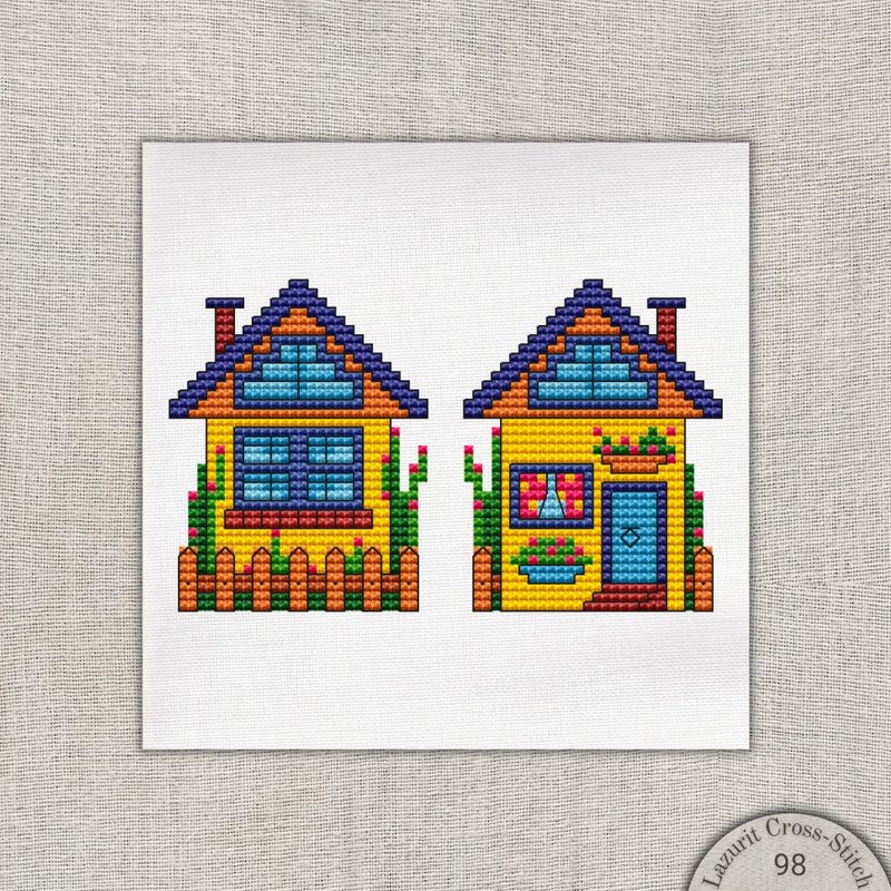 Yellow House Pixel Art Cross-Stitch Pattern - DIY Primitive Style Embroidery - 手工藝教學/工具書 - 其他材質 