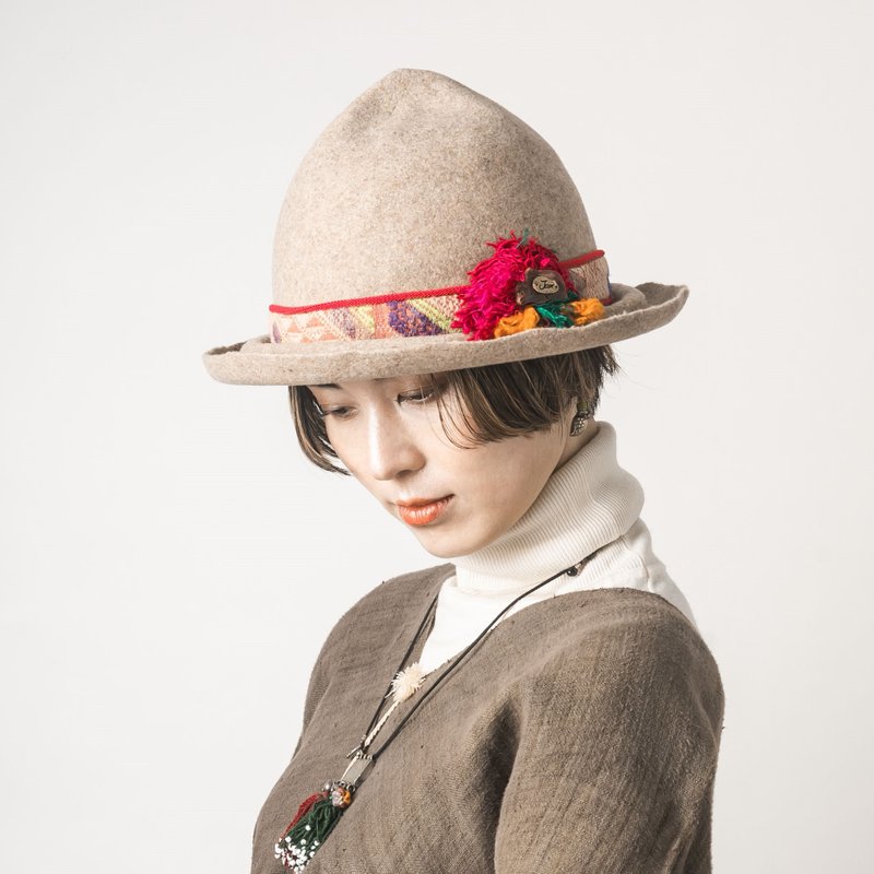 Wool Hat Laos TaiDaeng hand-woven ribbon Indian pompom Lion-shaped button - หมวก - ขนแกะ หลากหลายสี