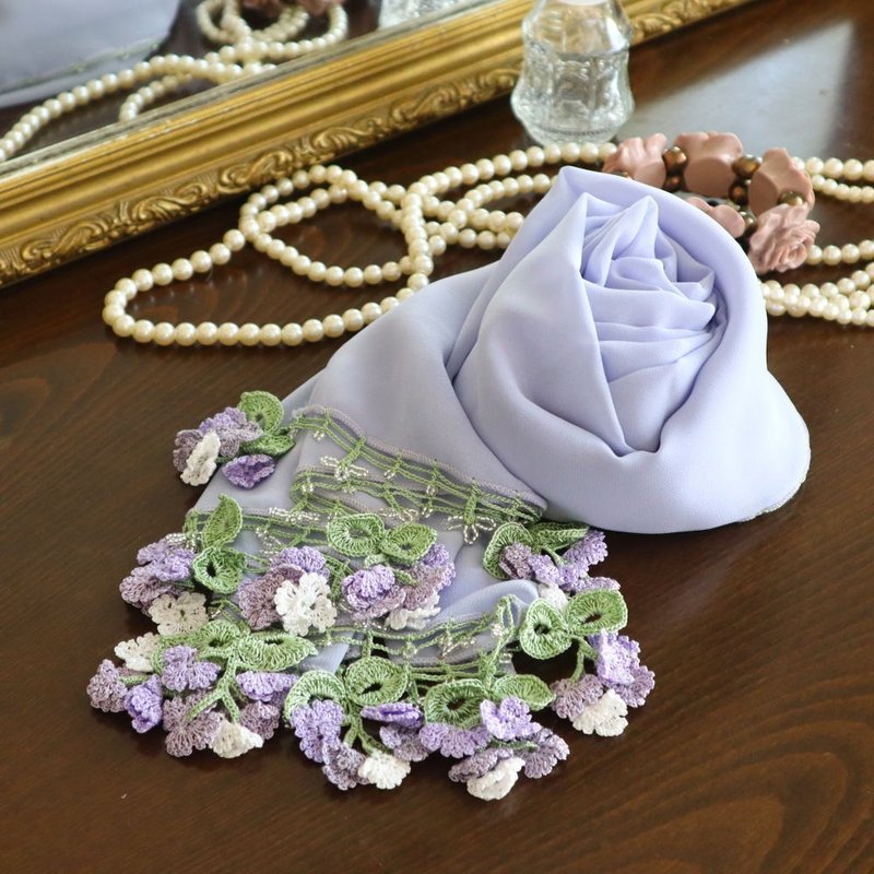 OYA crochet chiffon shawl【Flower of Wind】Pale Iris - ผ้าพันคอ - ไฟเบอร์อื่นๆ สีม่วง